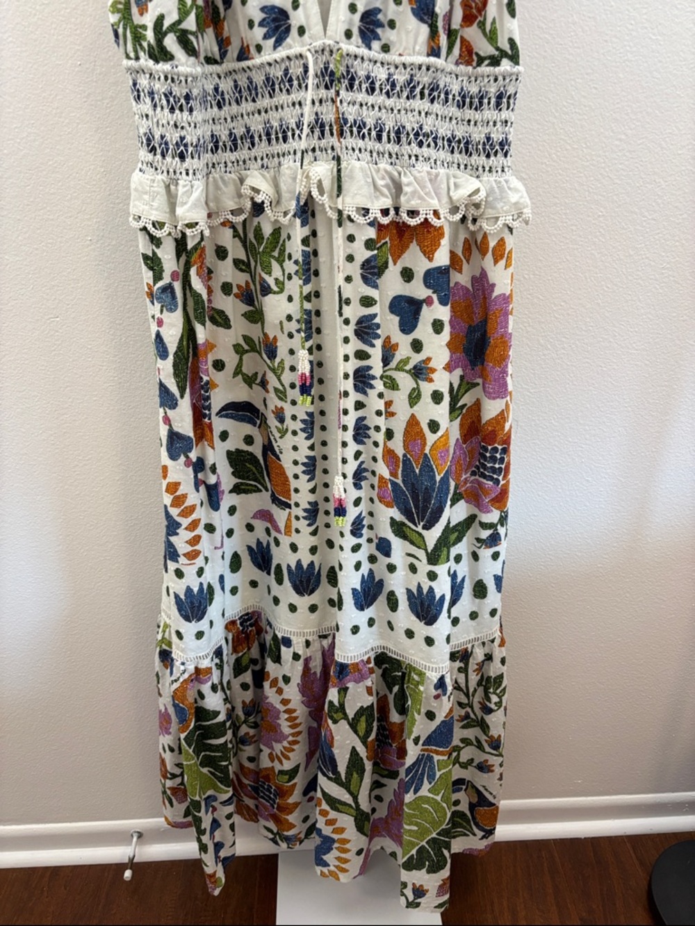 Farm Rio Floral Midi Dress Large Boho Ruffle Lace Smocked Waist Vacation Large - Picture 4 of 8